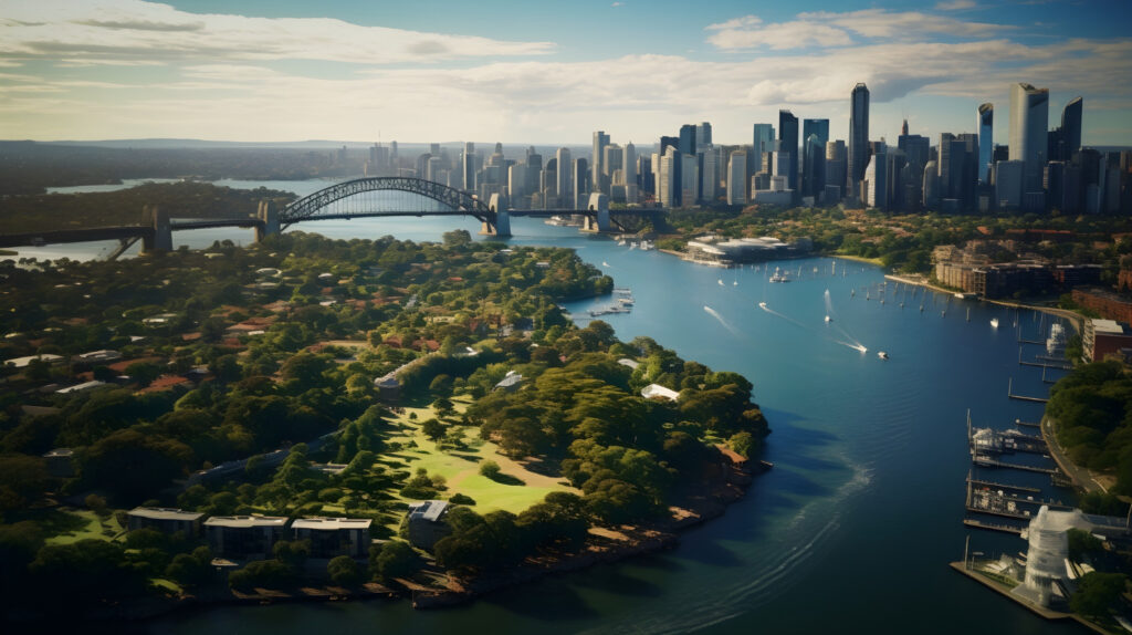 A panoramic view of Perth City showcasing the skyline, modern skyscrapers, and the Swan River with lush greenery and urban parks in the foreground