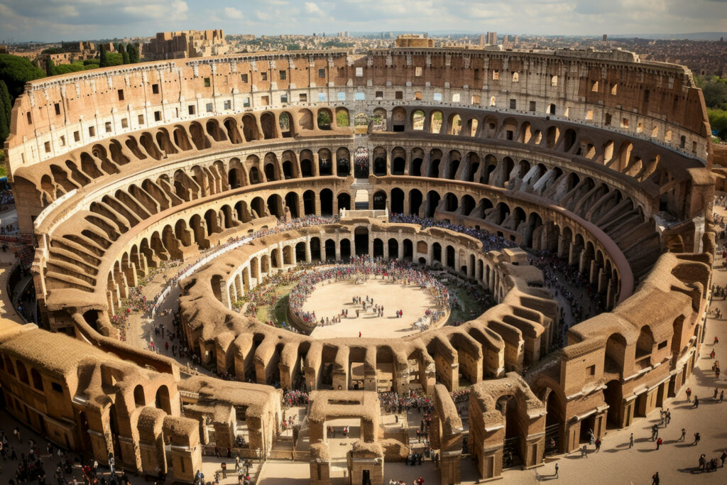 The iconic Colosseum in Rome, Italy, an ancient architectural wonder bathed in golden sunlight