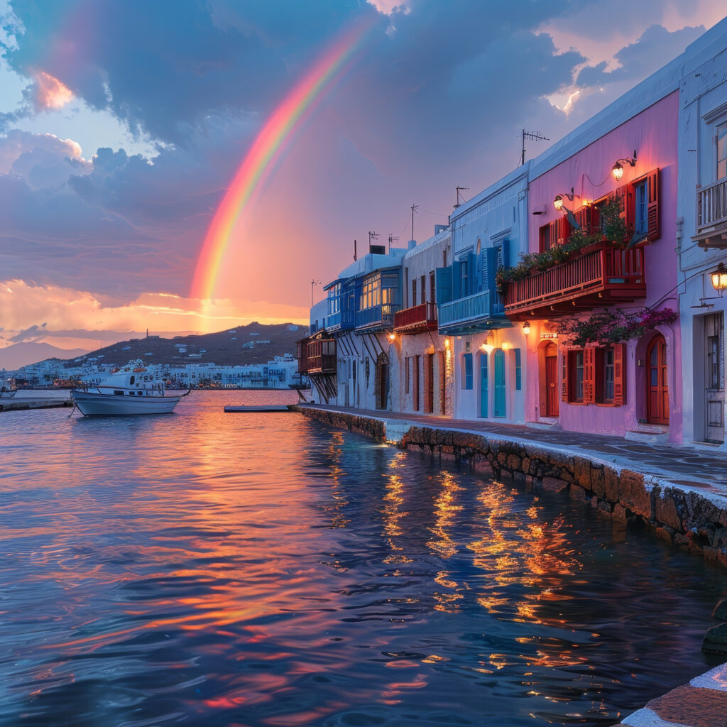View of Thessaloniki, Greece, with a vibrant rainbow arching over the city’s skyline and historic landmark