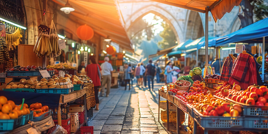 Vibrant local market in Rome, Italy, with fresh produce, artisan goods, and lively atmosphere