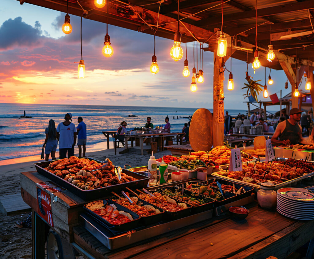 A variety of dishes from a restaurant in Eilat, Israel, featuring fresh seafood, Mediterranean salads, and traditional Middle Eastern cuisine, beautifully arranged on a wooden table.