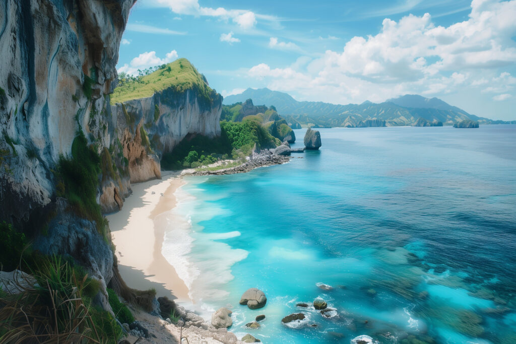 Pristine white sandy beach with crystal-clear turquoise waters and surrounding lush green cliffs on Nusa Penida Island, Indonesia