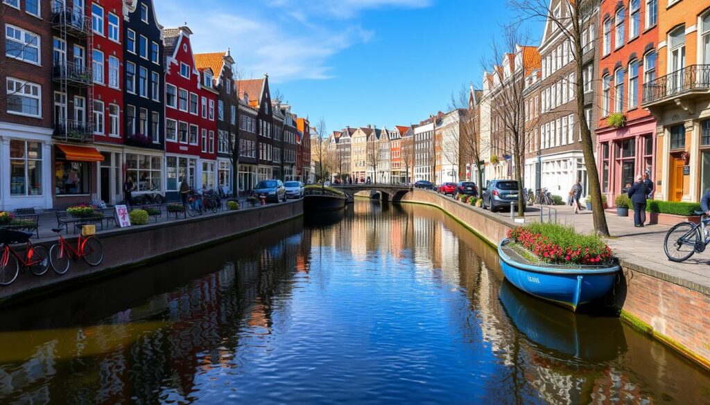 Iconic view of Amsterdam, Netherlands featuring historic canal houses and boats on the canal