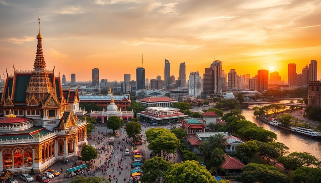 Panoramic view of Bangkok cityscape with modern skyscrapers, historical temples, and bustling streets