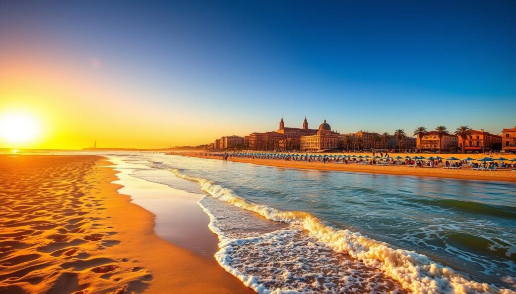 Golden sandy beach in Málaga with clear blue waters, sun loungers, and gentle waves