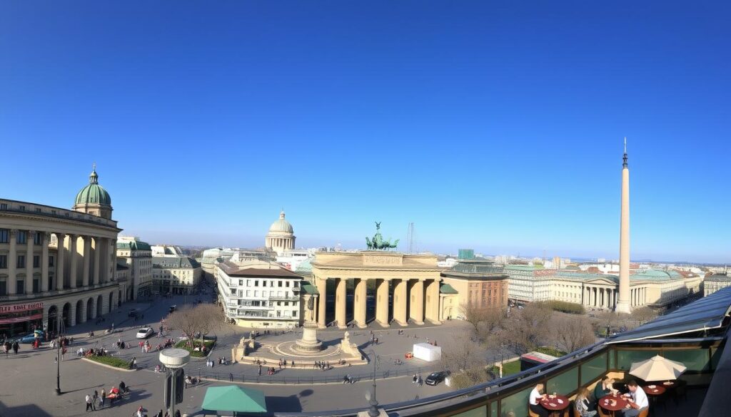 Aerial view of Berlin City, Germany, featuring the iconic Brandenburg Gate and modern city buildings