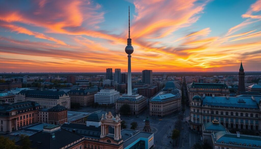 Berlin TV Tower with a clear blue sky in the background