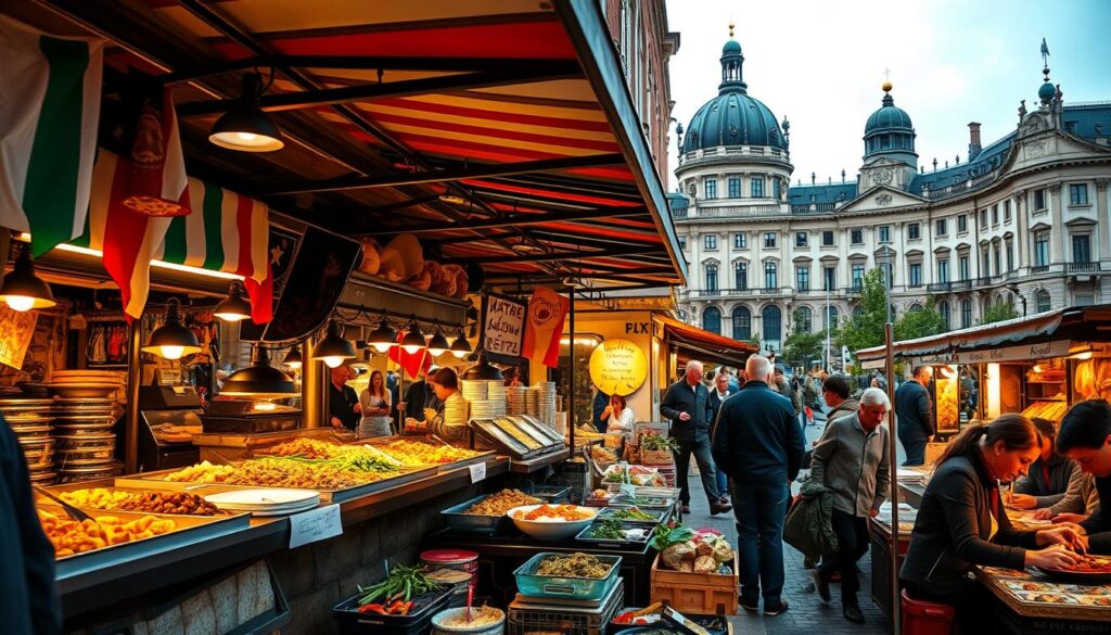 A selection of traditional Berlin dishes including currywurst, pretzels, and schnitzel