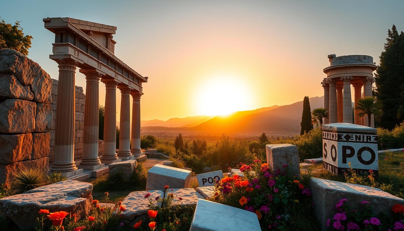 Panoramic view of Corinthia, Greece, showcasing the coastline, ancient ruins, and the Corinth Canal under a clear sky