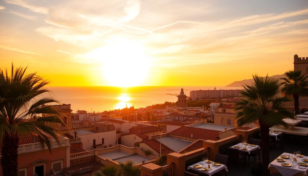 Sunset over Málaga with the sky painted in warm hues and the cityscape silhouetted against the colorful backdrop