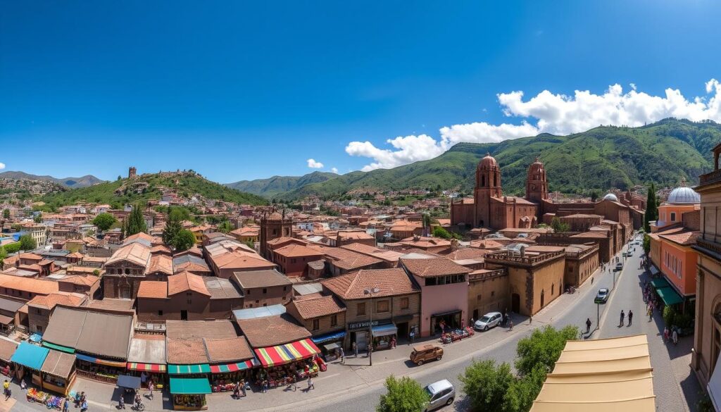 Panoramic view of Cusco city with a mix of historic and modern buildings, surrounded by mountains