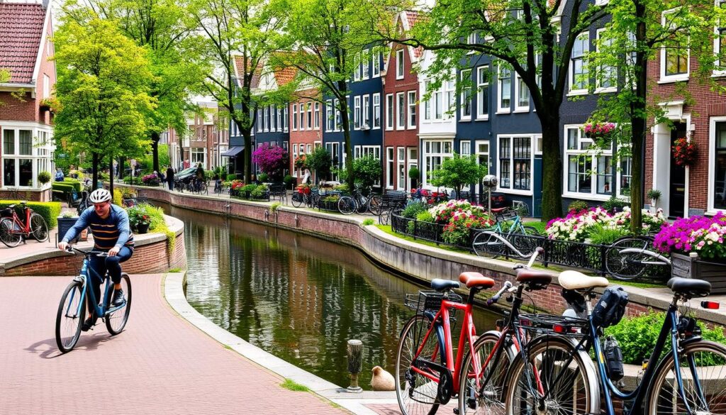 Cyclists riding along a canal path in Amsterdam, Netherlands