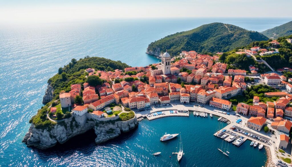 A panoramic view of Dubrovnik, Croatia, showcasing the historic Old Town, city walls, and the Adriatic Sea under a clear blue sky