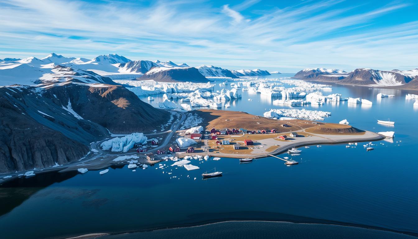 A panoramic view of Ilulissat, Greenland, featuring colorful houses along the waterfront, with towering icebergs and the Ilulissat Icefjord in the background