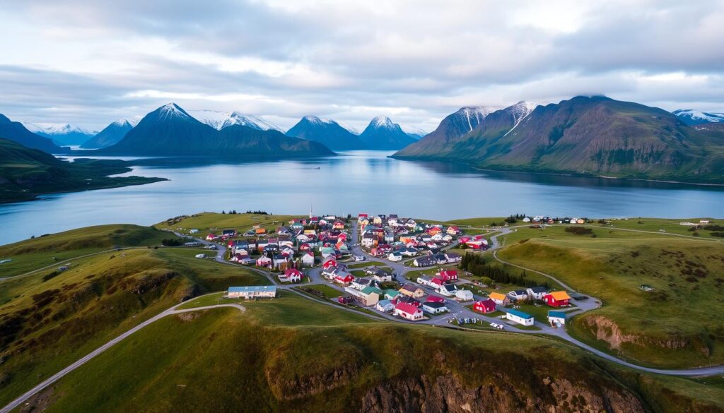 Panoramic view of Ísafjörður Town in Iceland, showing colorful buildings, the harbor, and surrounding fjord landscape