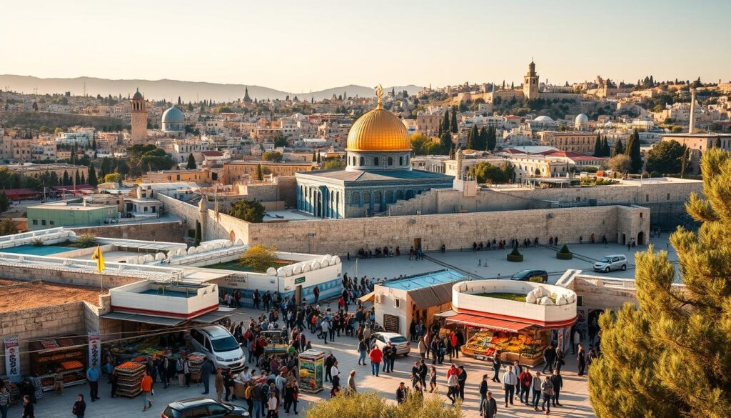 A panoramic view of Jerusalem, Israel, featuring iconic landmarks such as the Western Wall, Dome of the Rock, and the surrounding historic architecture, with the city's blend of ancient and modern elements