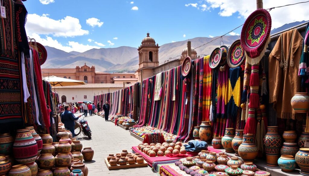 A collection of traditional Peruvian handicrafts, including woven textiles, pottery, and decorative items