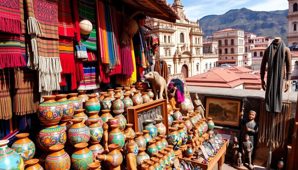 Colorful array of Peruvian handicrafts including textiles, pottery, and jewelry