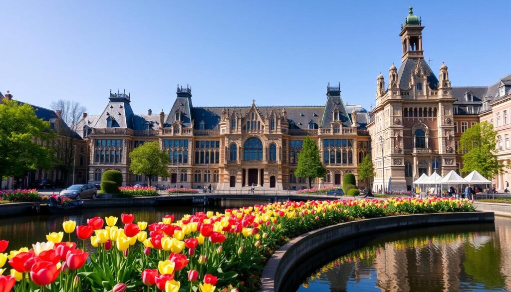 Rijksmuseum in Amsterdam, Netherlands with its grand entrance and historical architecture