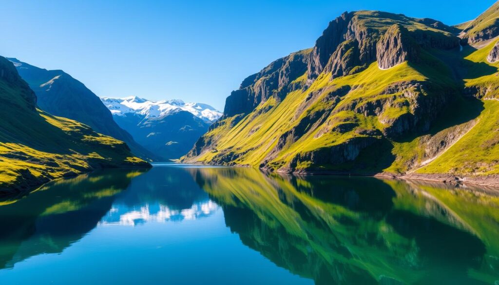 Dramatic scenic fjords of the Westfjords region in Iceland, showcasing steep cliffs, deep blue waters, and rugged terrain