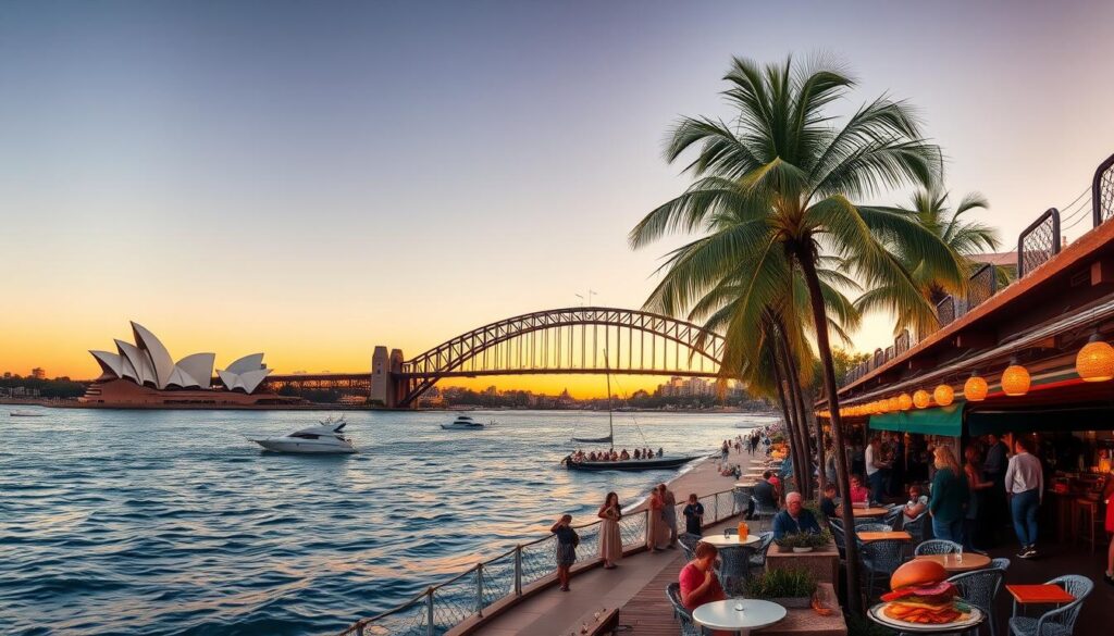 A panoramic view of Sydney, Australia, featuring the iconic Sydney Opera House, Harbour Bridge, and the city skyline with the sparkling harbour