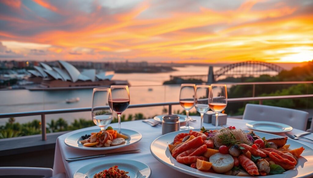 A variety of dishes from popular Sydney dining spots, including seafood, gourmet burgers, and multicultural cuisine, set in a vibrant restaurant atmosphere