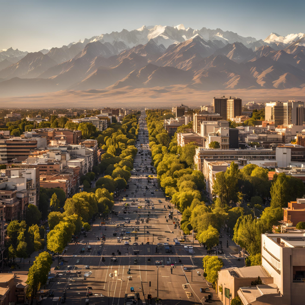 A panoramic view of Mendoza City with the Andes mountains in the background and tree-lined streets in the foreground