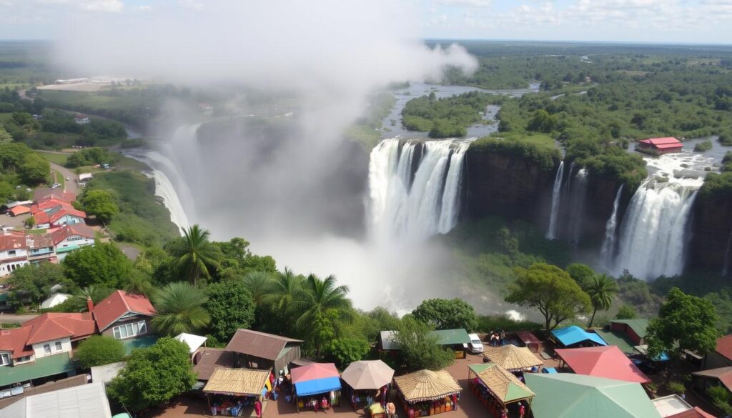 A vibrant view of Victoria Falls Town with lush greenery and a glimpse of the iconic Victoria Falls waterfall