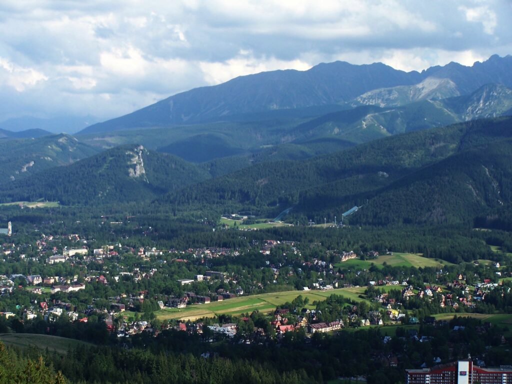 A picturesque view of Zakopane surrounded by the Tatra Mountains