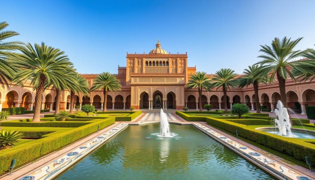 The ornate courtyard of Bahia Palace in Marrakesh, Morocco, showcasing intricate Moroccan architecture and lush gardens