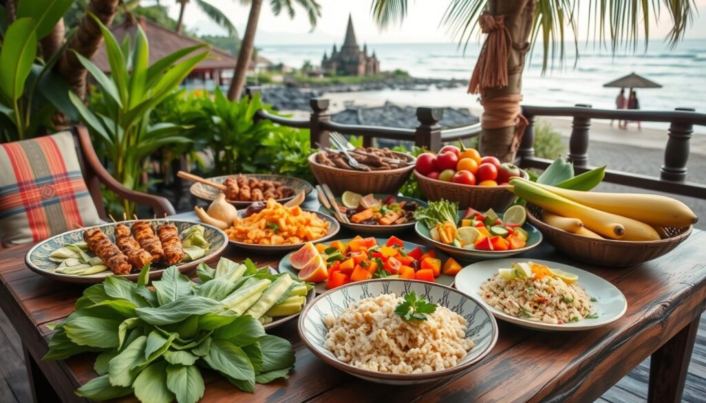 balinese cuisine A plate of traditional Balinese food featuring satay skewers, rice, spicy sambal, and fresh vegetables