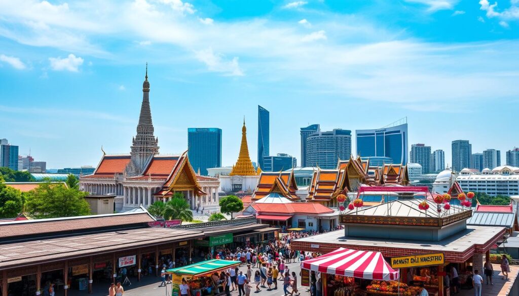 Iconic attractions in Bangkok, including the Grand Palace and Wat Arun, with a vibrant city backdrop