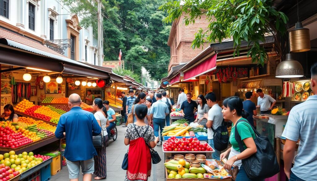 Busy market scene in Bangkok with colorful stalls, diverse goods, and shoppers browsing the vibrant marketplace