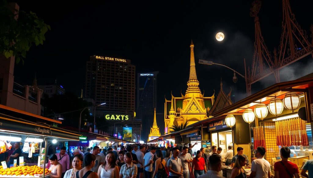 Vibrant Bangkok nightlife scene with bustling street bars, neon lights, and people enjoying the evening