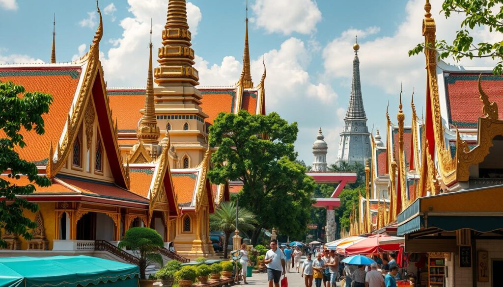 Beautifully ornate temples in Bangkok, featuring golden spires and intricate details against a clear blue sky