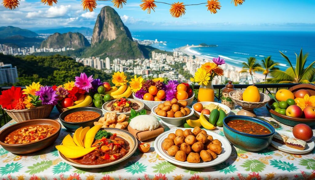 brazilian cuisine A beautiful spread of traditional Brazilian dishes against a scenic mountain backdrop overlooking the city