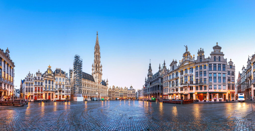 Historic Grand Place in Brussels, Belgium, surrounded by ornate guildhalls and the Town Hall