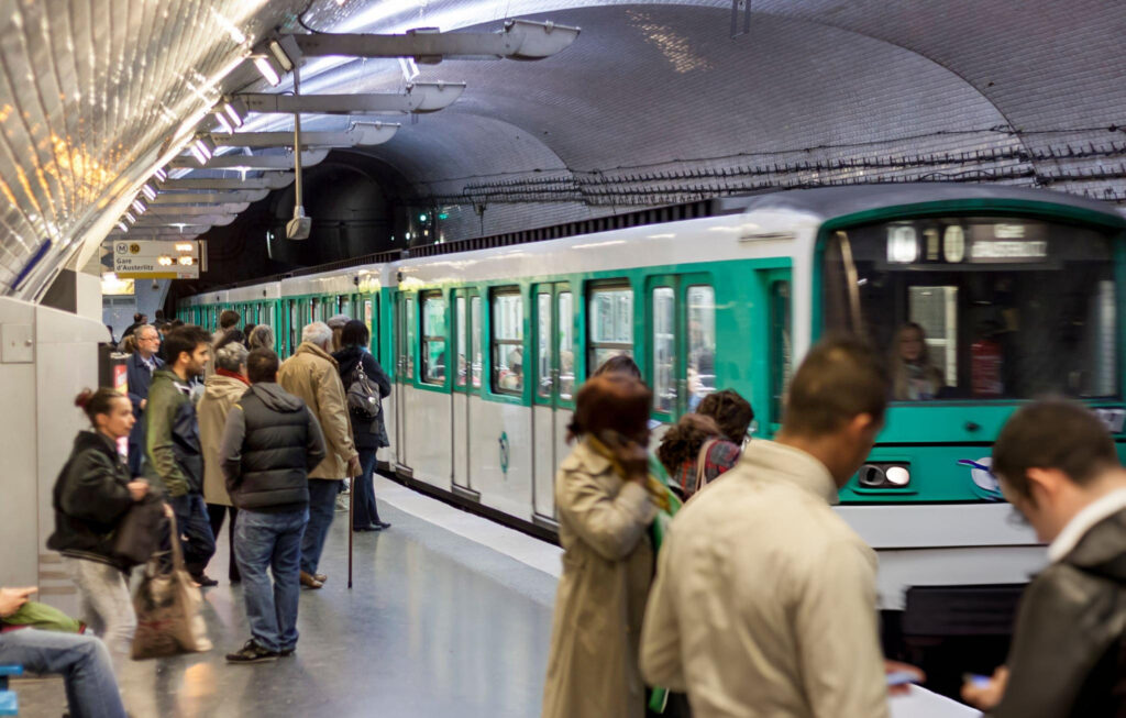 paris metro Interior of a Paris Metro train with passengers