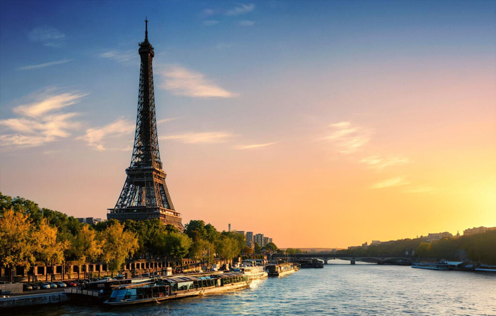 The Eiffel Tower with a stunning sea view in the background