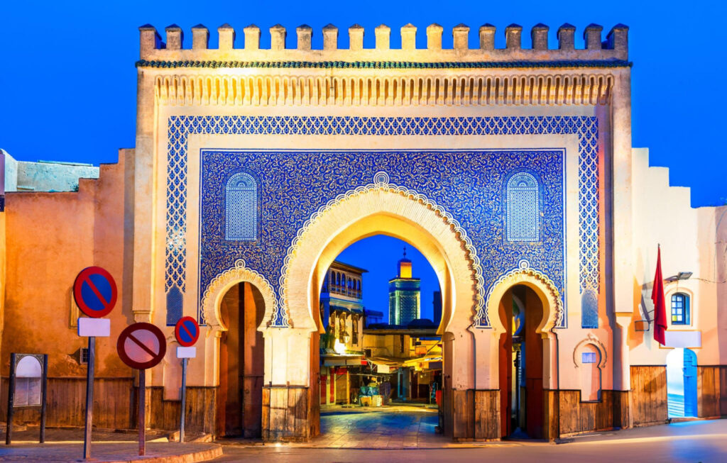 The Blue Gate, or Bab Bou Jeloud, an ornate city gate in Fes el-Bali, featuring intricate blue and green tilework and grand architectural details