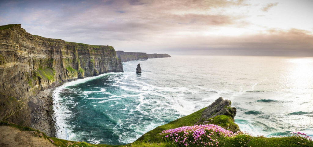 A scenic view of the sea framed by lush greenery, showcasing a tranquil coastal landscape