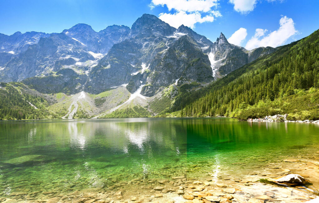 Serene lake reflecting a majestic mountain landscape