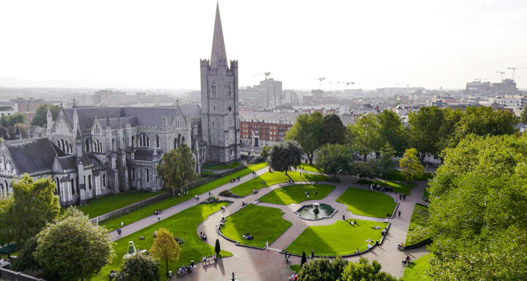 An aerial view of Saint Patrick’s Cathedral and the surrounding park in Dublin, Ireland