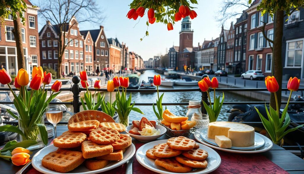 Assortment of traditional Dutch cuisine including stroopwafels, herring, and cheese