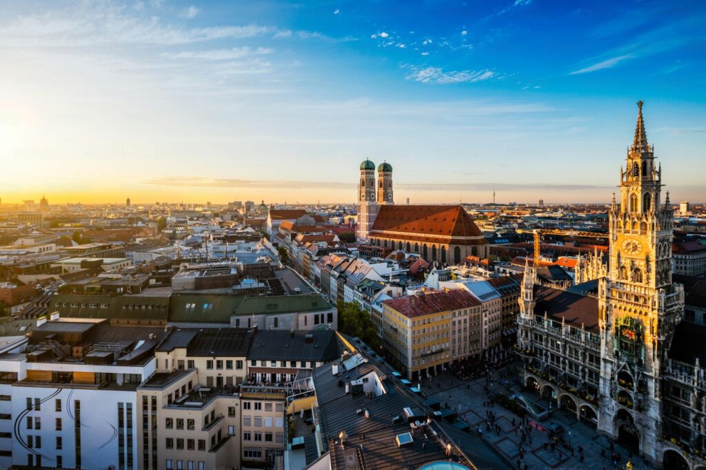 Panoramic view of Munich’s skyline featuring historic and modern buildings