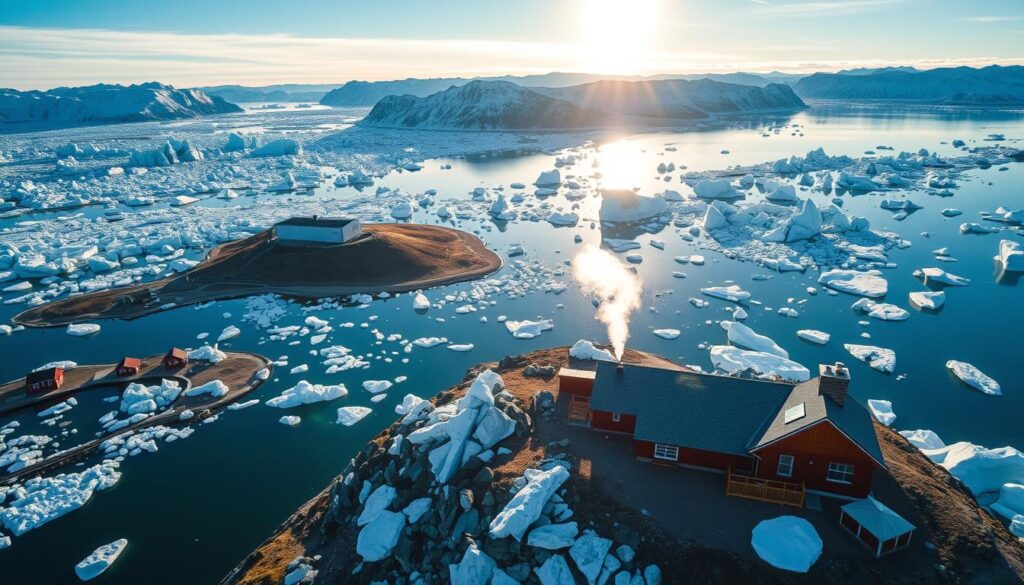 A scenic view of Greenland’s diverse landscape, including icy fjords, snow-covered mountains, and a small village nestled along the coastline under a bright, clear sky