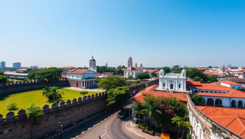 Historical sites in Intramuros, Manila, including Fort Santiago, San Agustin Church, and Manila Cathedral with cobblestone streets and Spanish-era architecture