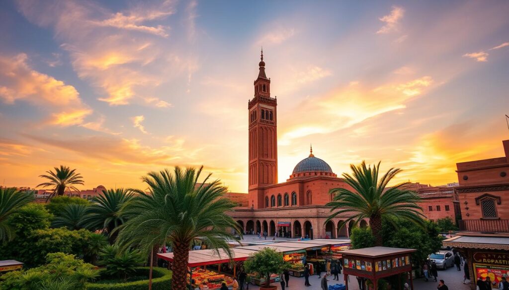 The Koutoubia Mosque in Marrakesh, Morocco, with its iconic minaret and surrounding gardens