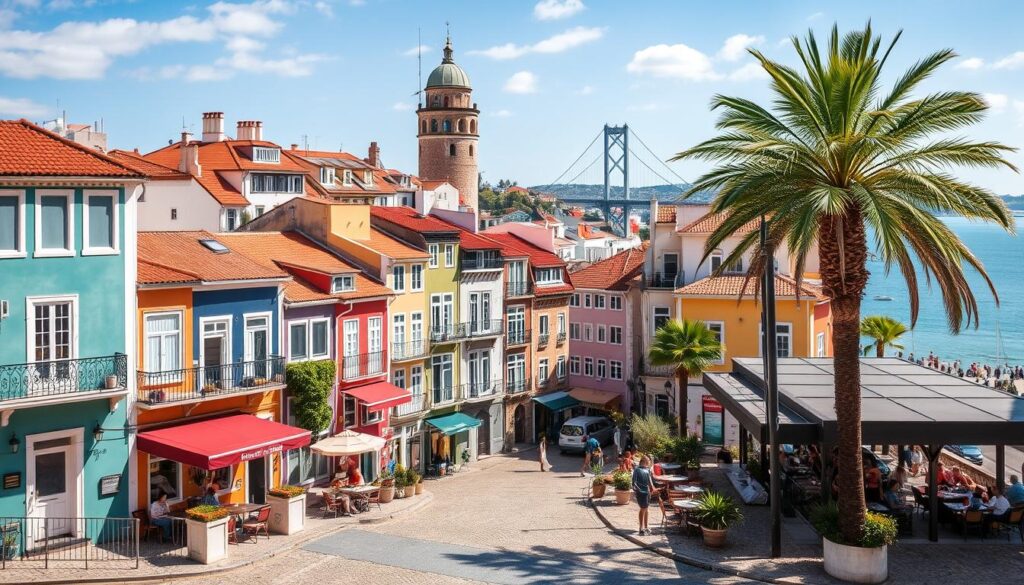 A cozy and stylish hotel room in Lisbon, showcasing modern decor and a view of the city