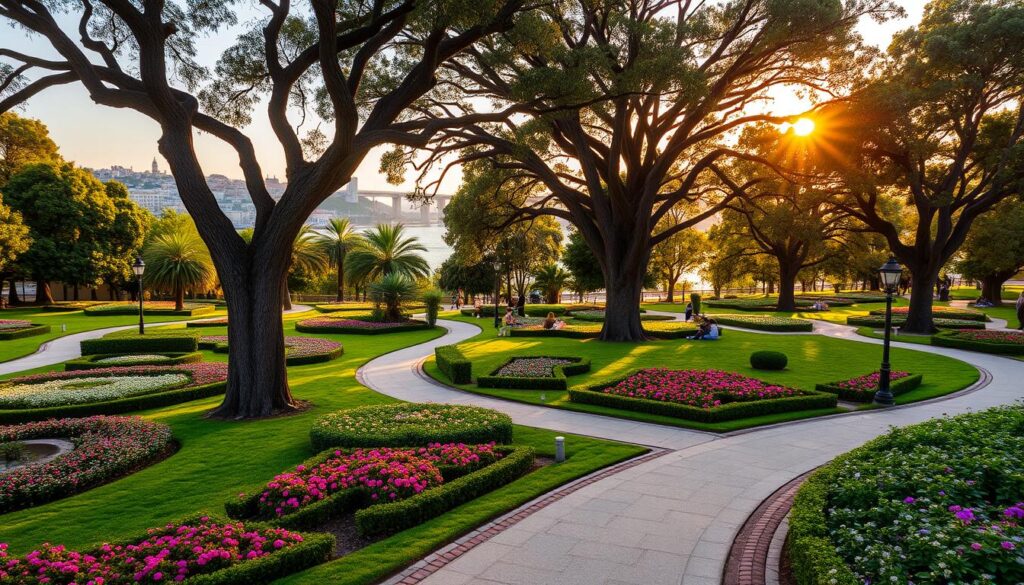 A serene view of a park in Lisbon, featuring lush greenery, walking paths, and people enjoying the outdoors